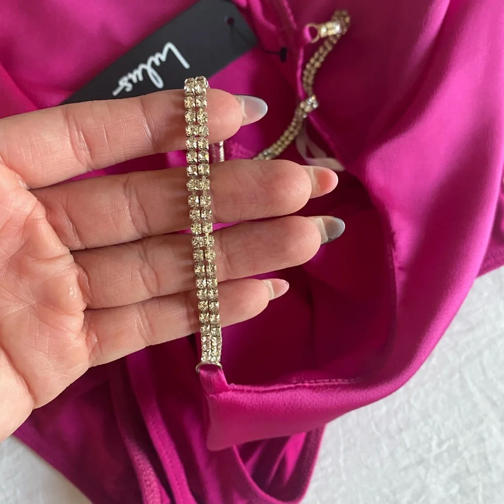 NWT Lulu’s Glamorous Forever Pink Rhinestone Strap Cowl Neck Bodysuit
